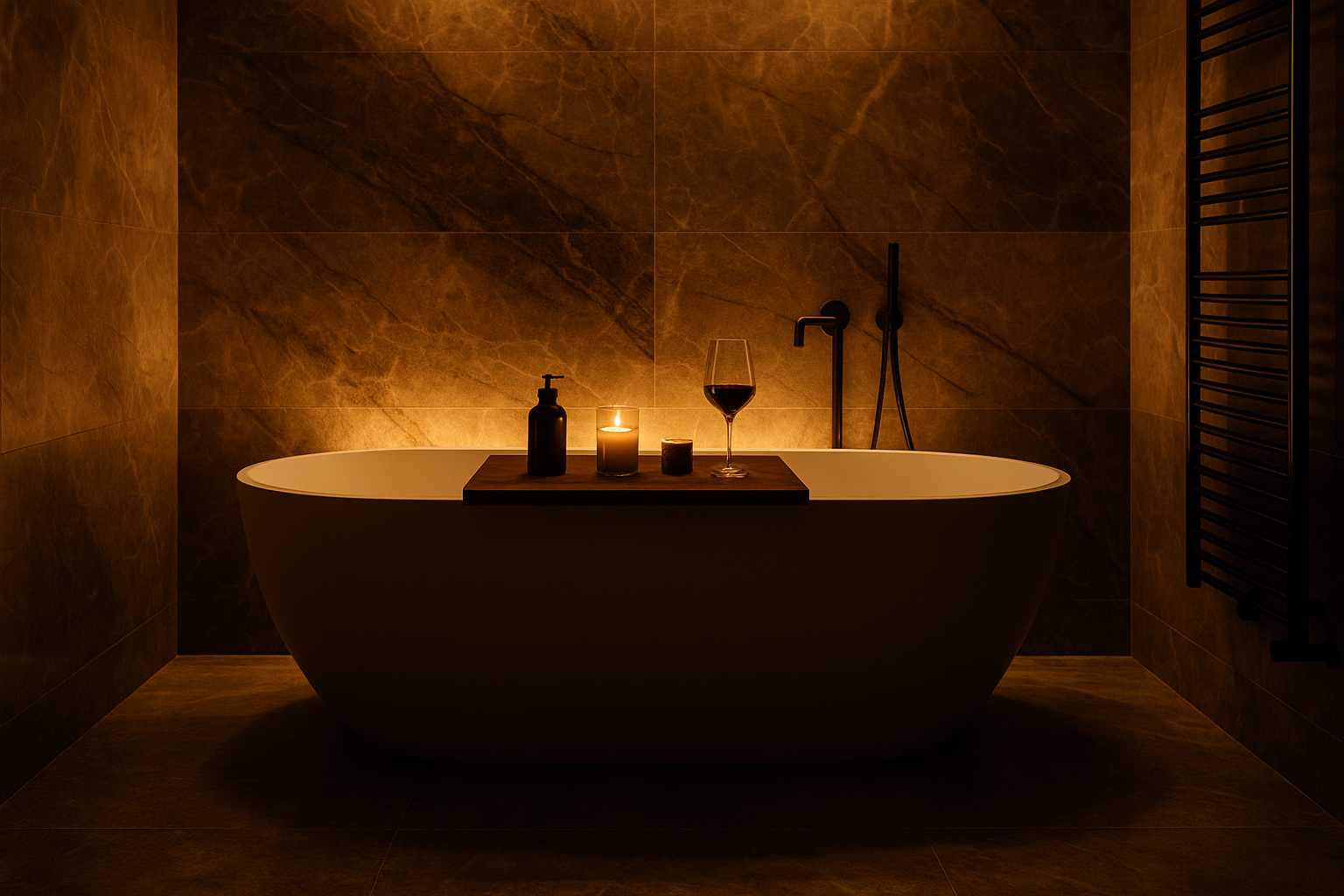 Luxury bathtub in the luxury modern bathroom with the dar yellowish lights. Also put the high quality premium table over bathtub.