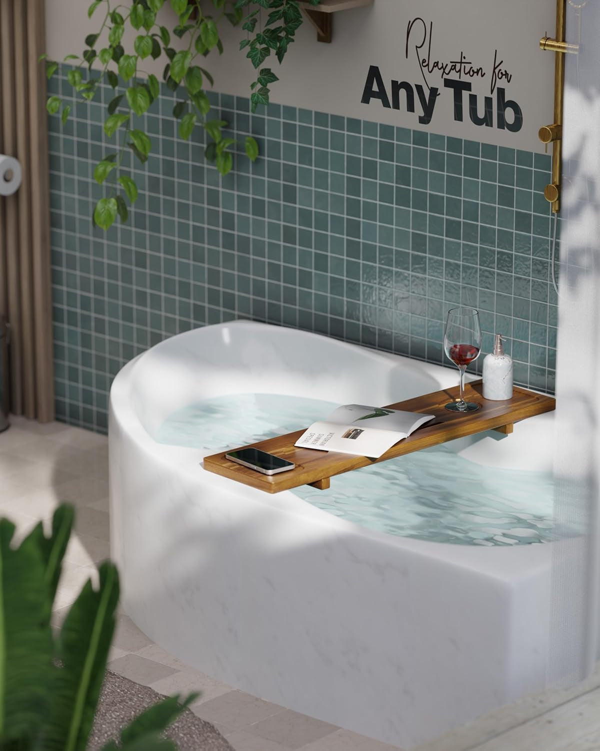 Bathtub Tray, Acacia Bath Tray for Tub, 34.6''X9'' Wooden Bathtub Caddy Tray with Adjustable Legs Fit Various Bathtubs, Anti-Tipping, Sustainable Bath Table with Wine Glass and Tablet Holder