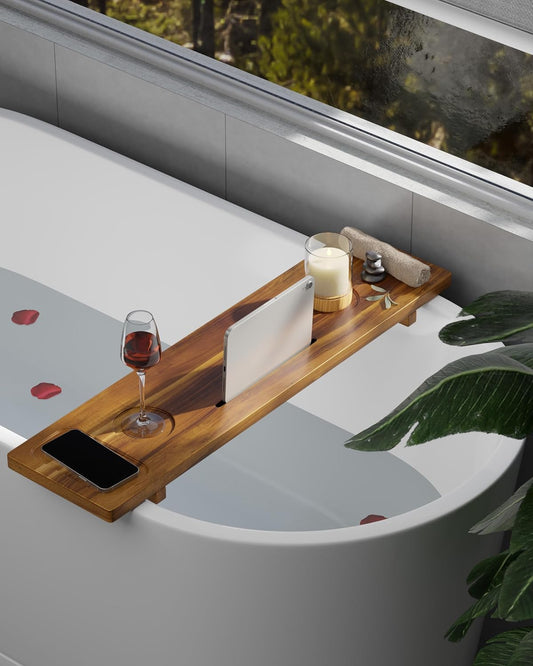 Bathtub Tray, Acacia Bath Tray for Tub, 34.6''X9'' Wooden Bathtub Caddy Tray with Adjustable Legs Fit Various Bathtubs, Anti-Tipping, Sustainable Bath Table with Wine Glass and Tablet Holder